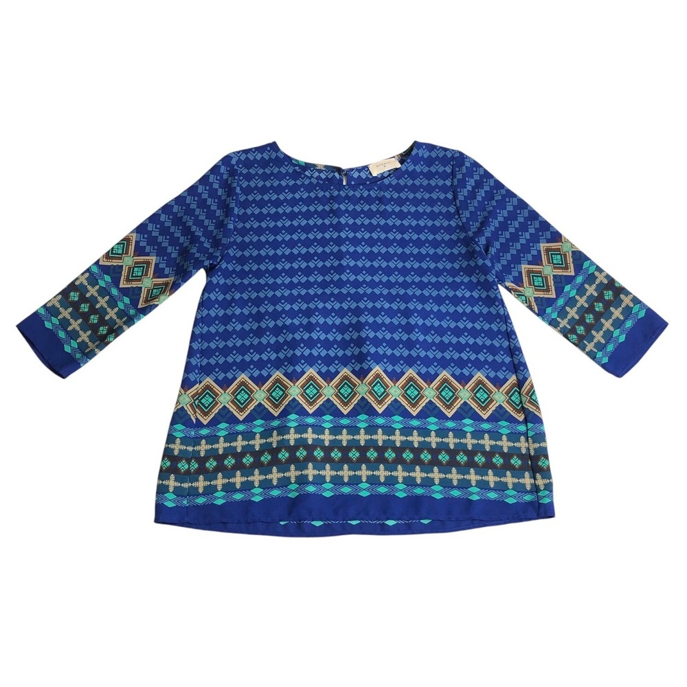 Everly Top Womens Small Blue Geometric 3/4 Sleeve Southwestern Western Boho